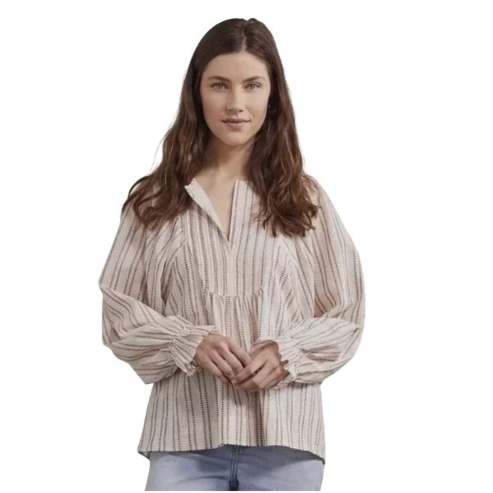 Elizabeth and James Striped Cotton Blouse Size L  Boho Peasant Puff Sleeve Cream